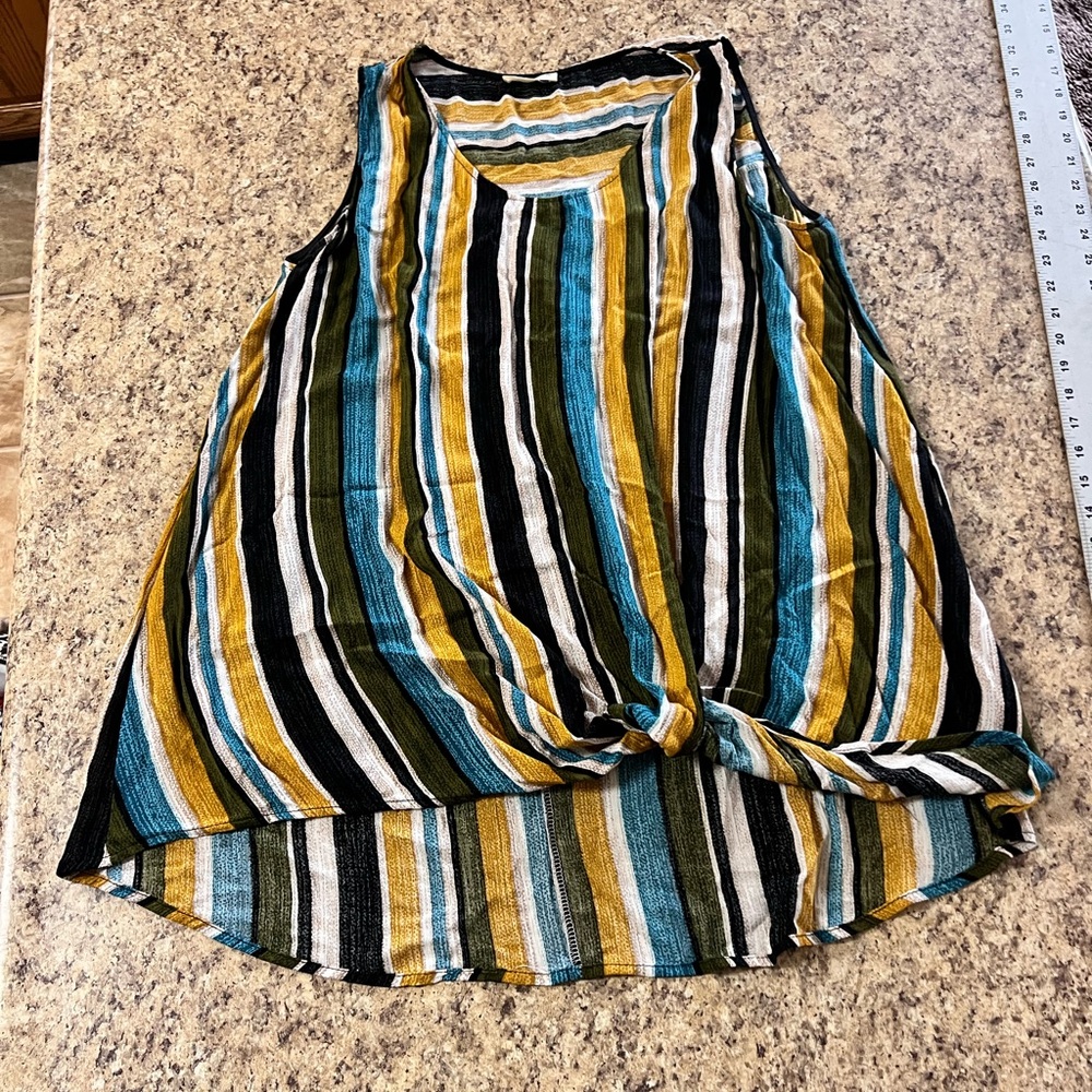 NWOT boutique Oddy Striped Knot Front Tank Top - Teal, Mustard, Black & White